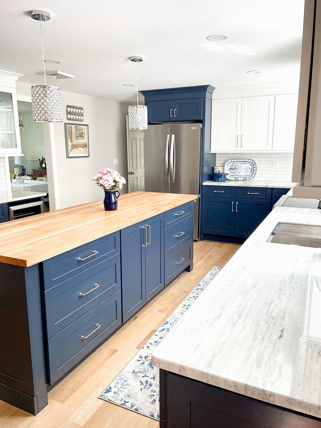 white and navy cabinets